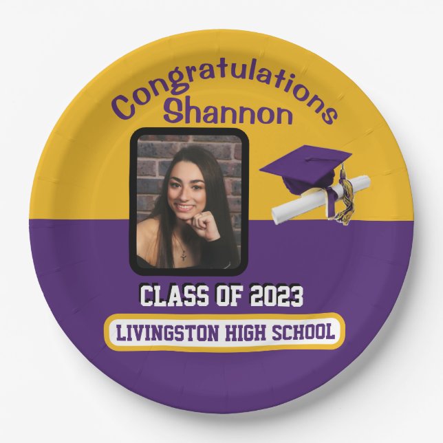 Assiettes En Carton Casquette & Diplôme, Purple & Gold Graduation (Devant)