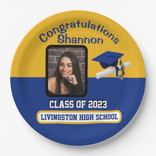 Assiettes En Carton Casquette & Diplôme, Royal Blue & Gold Graduation (Devant)