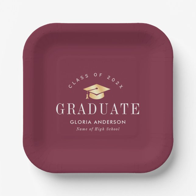 Assiettes En Carton casquette d'or Maroon Graduation (Recto)
