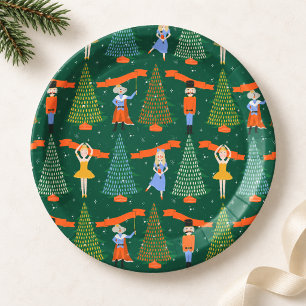 Assiettes En Carton Casse-Noisette Ballet Arbres de Noël sur fond vert