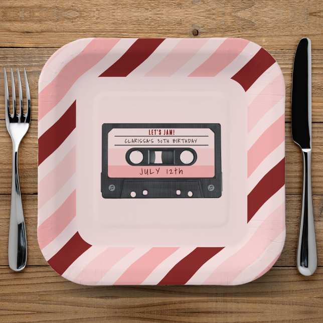 Assiettes En Carton Cassette Bande rose Retro Anniversaire (Cassette Tape Pink Retro Birthday Party Paper Plates
)