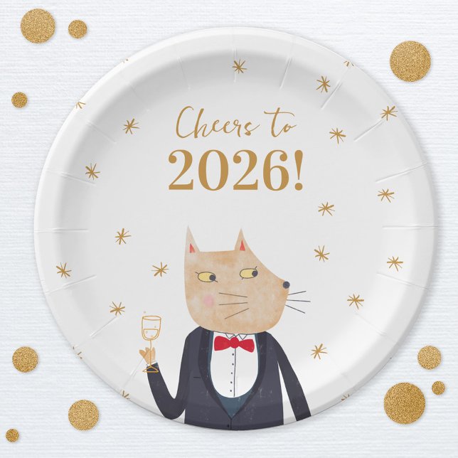 Assiettes En Carton Cat Cheers to 2026 New Year (Fun Cat in a Tuxedo and Bow Tie New Year 2026 party paper plates)