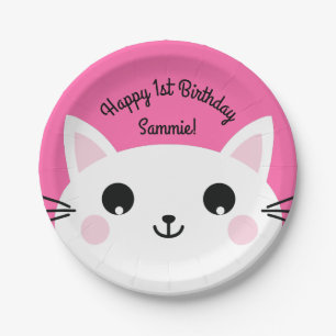 Assiettes En Carton Cat Cute Kitty Colorée 1er anniversaire Thème de