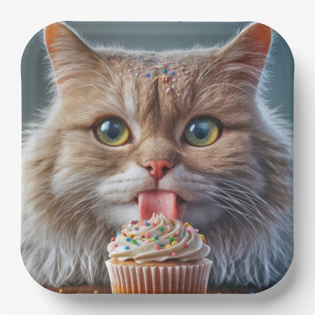 Assiettes En Carton Cat Licking A Birday Cupcake (Recto)