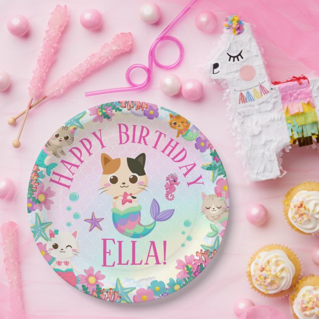 Assiettes En Carton Cat Meowmaid Fille Sirène Fête d'anniversaire (Fête)