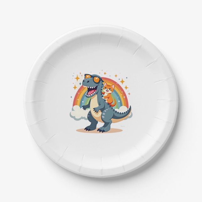 Assiettes En Carton Cat Riding Dinosaur T-Rex Kitten Rainbow Dino Funn (Devant)