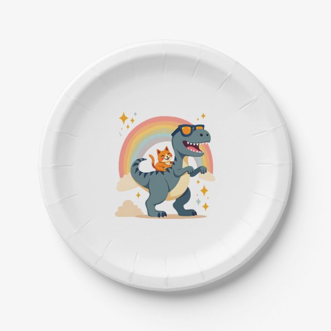 Assiettes En Carton Cat Riding Dinosaur T-Rex Kitten Rainbow Dino Funn (Devant)