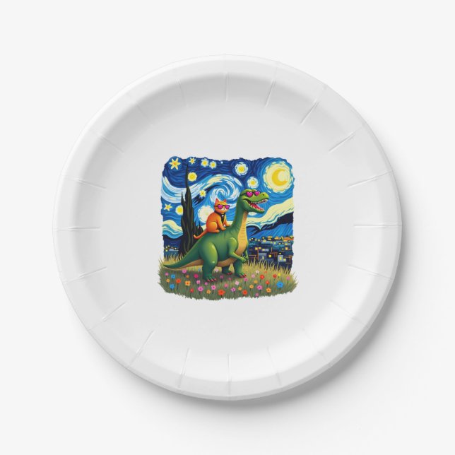 Assiettes En Carton Cat Riding Dinosaur T-Rex Starry Night Cat Lover ( (Devant)