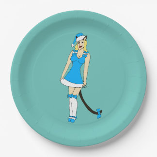 Assiettes En Carton Catgirl de Noël bleu
