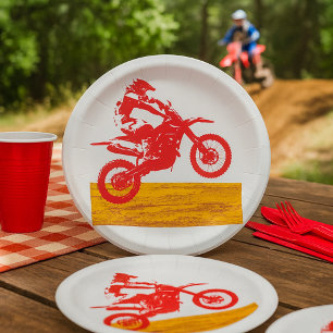 Assiettes En Carton Cavalier de moto cross rouge en silhouette