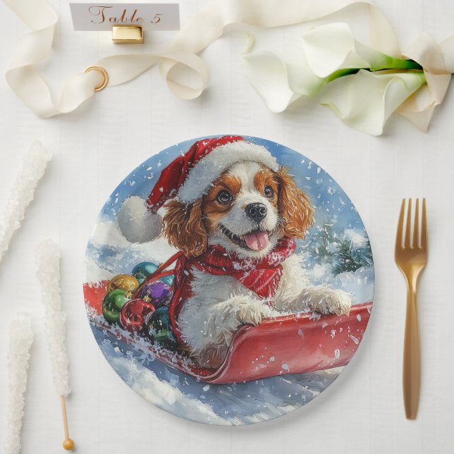 Assiettes En Carton Cavalier King Charles Spaniel Chien Sledge Noël (Mariage)