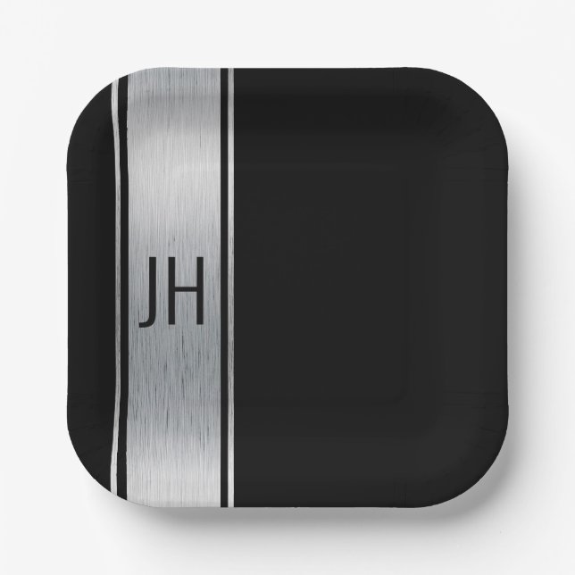 Assiettes En Carton Ce papier noir & argent personnalisé de la fête de (Recto)