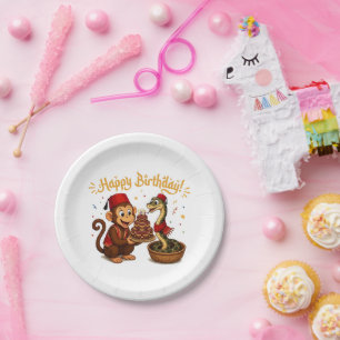 Assiettes En Carton Célébration d'anniversaire de singe drôle et de se
