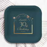 Assiettes En Carton Celestial Green Gold Sun Moon Stars 30e anniversai<br><div class="desc">Celestial Green Gold Sun Moon Astronomy 30th Birthday Paper Plates présente un élégant soleil doré, une lune et des étoiles avec un cadre doré sur un arrière - plan vert. A l'intérieur, vous avez vos informations de trentième anniversaire personnalisées. Personnalisez en modifiant le texte dans les zones de texte. Conçu...</div>