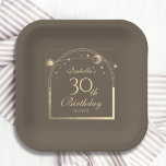 Assiettes En Carton Celestial Mocha Gold Sun Moon Stars 30e anniversai<br><div class="desc">Celestial Mocha Gold Sun Moon Astronomy 30th Birthday Paper Plates présente un élégant soleil doré, une lune et des étoiles avec un cadre doré sur un arrière - plan mocha. A l'intérieur, vous avez vos informations de trentième anniversaire personnalisées. Personnalisez en modifiant le texte dans les zones de texte. Conçu...</div>