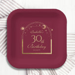 Assiettes En Carton Celestial Red Gold Sun Moon Stars 30e anniversaire<br><div class="desc">Celestial Red Gold Sun Moon Astronomy 30th Birthday Paper Plates présente un élégant soleil doré, une lune et des étoiles avec un cadre doré sur un arrière - plan rose-rouge profond. A l'intérieur, vous avez vos informations de trentième anniversaire personnalisées. Personnalisez en modifiant le texte dans les zones de texte....</div>