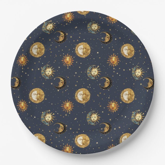 Assiettes En Carton Celestial Sun & Moon Gold Starry Night Pattern (2) (Devant)