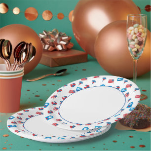 Assiettes En Carton Centre blanc avec bordure bleue et skateb patrioti