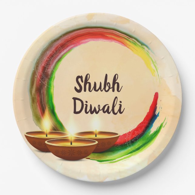Assiettes En Carton Cercle d'aquarelle Diwali Diyas (Devant)