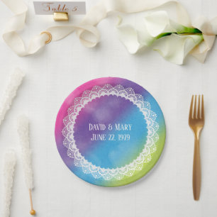 Assiettes En Carton Cercle De Dentelle Sur Aquarelle Arc-En-Ciel