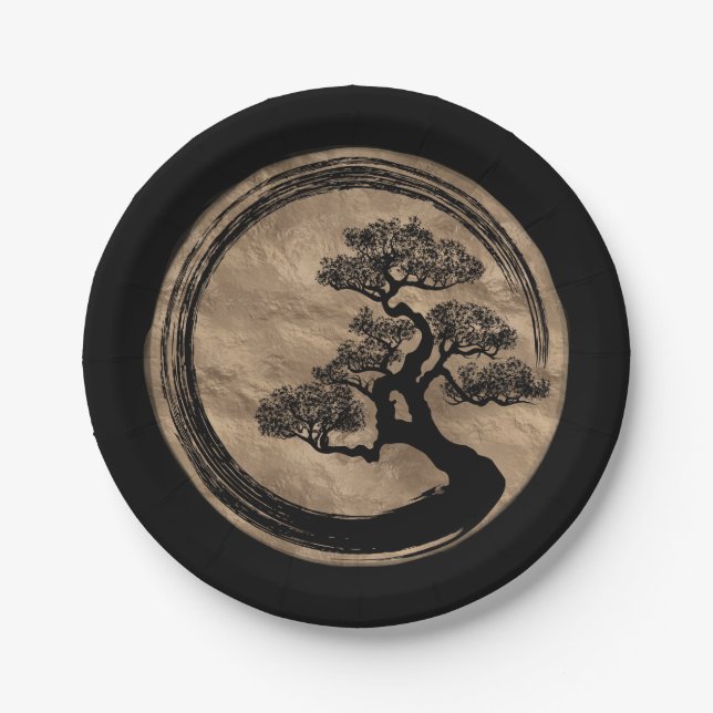 Assiettes En Carton Cercle de zen d'Enso et or d'arbre de bonsaïs (Devant)