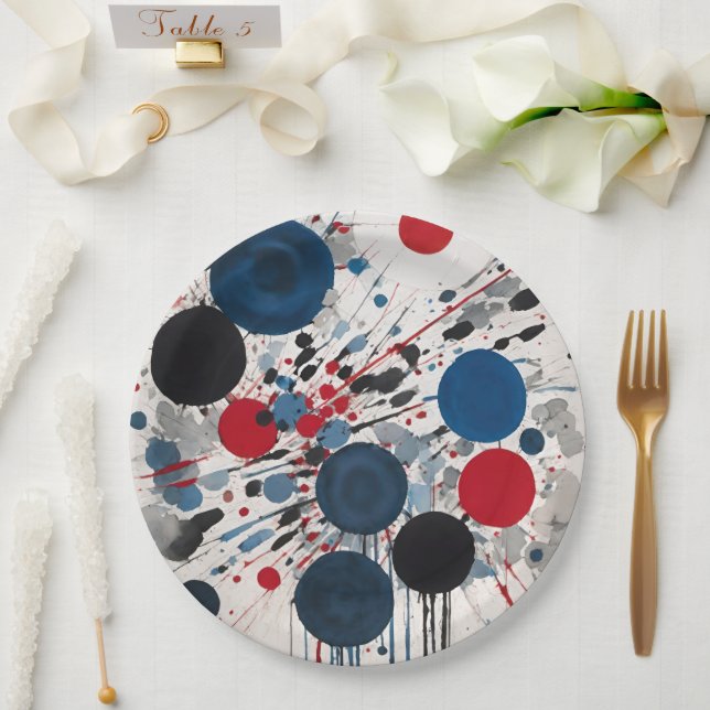 Assiettes En Carton Cercles Bleus Rouge Noir Et Gris Et Lecteurs De Pe (Mariage)