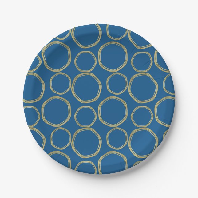 Assiettes En Carton Cercles dorés et bleu brillant moderne tendance (Devant)