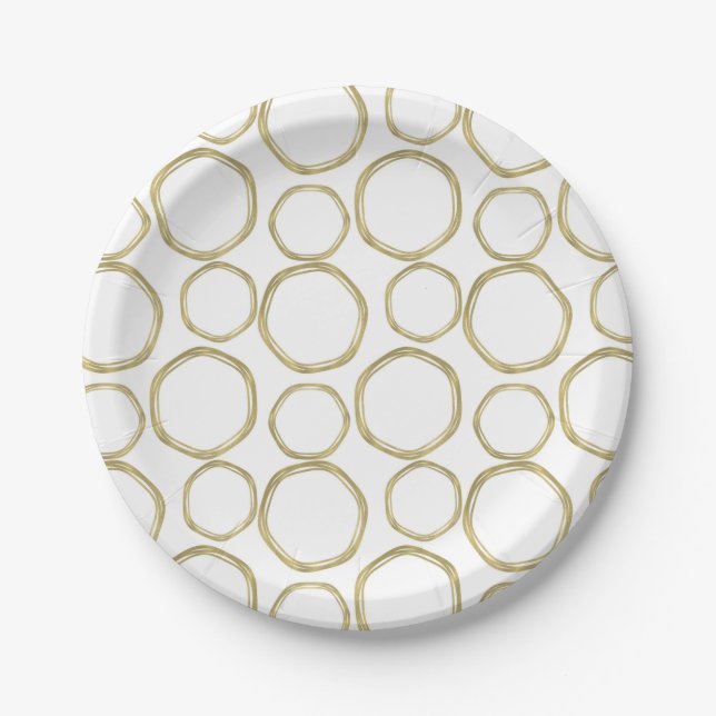 Assiettes En Carton Cercles Dorés Sur Fond Blanc Moderne Tendance (Devant)