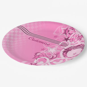 Assiettes En Carton Cercles rétro & Étoiles Plaques en papier rose