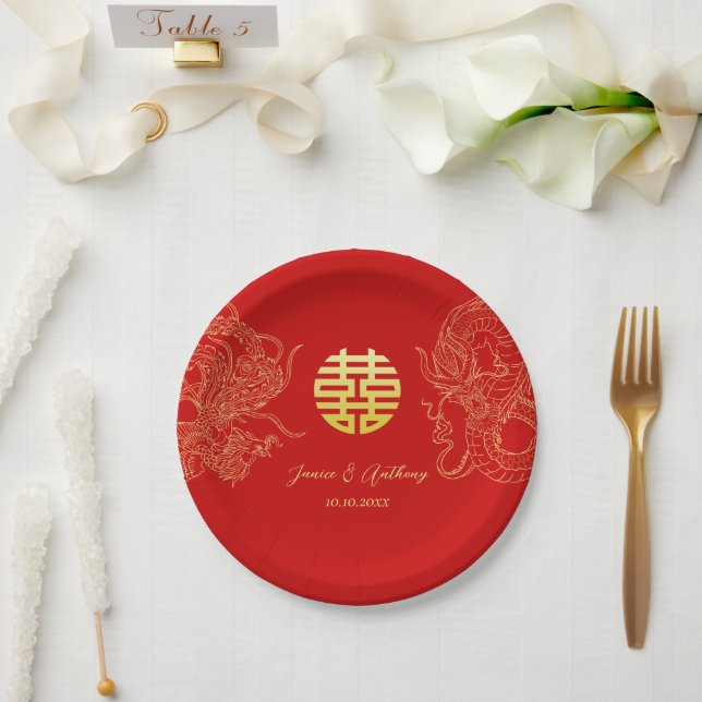 Assiettes En Carton Cérémonie du thé avec dragon et phénix pour mariag (Mariage)
