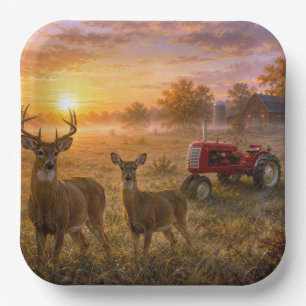 Assiettes En Carton Cerf à queue blanche avec tracteur agricole rouge