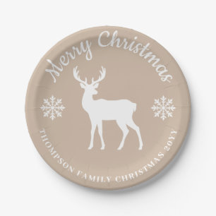 Assiettes En Carton Cerf blanc beige et flocons de neige Fête de Noël