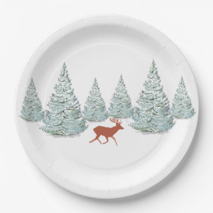 Assiettes En Carton Cerf Brown sous les épinettes neigeuses