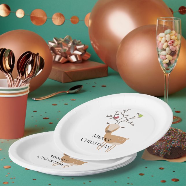 Assiettes En Carton Cerf de Noël aux oiseaux (Multi)