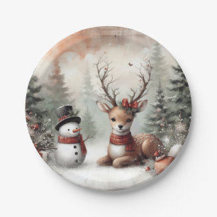 Assiettes En Carton Cerf de Noël/bonhomme de neige en bois classique