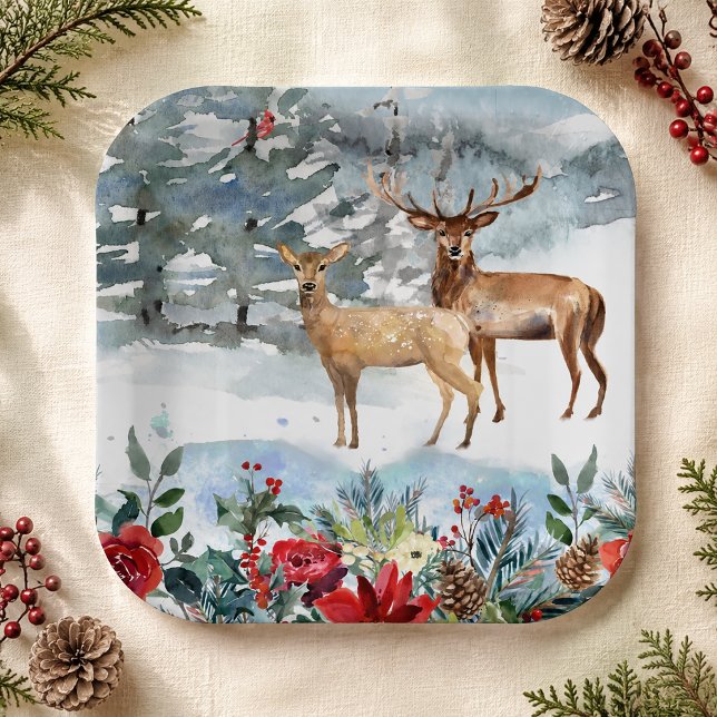 Assiettes En Carton Cerf de Noël en forêt (Woodland Deer Christmas Paper Plates)