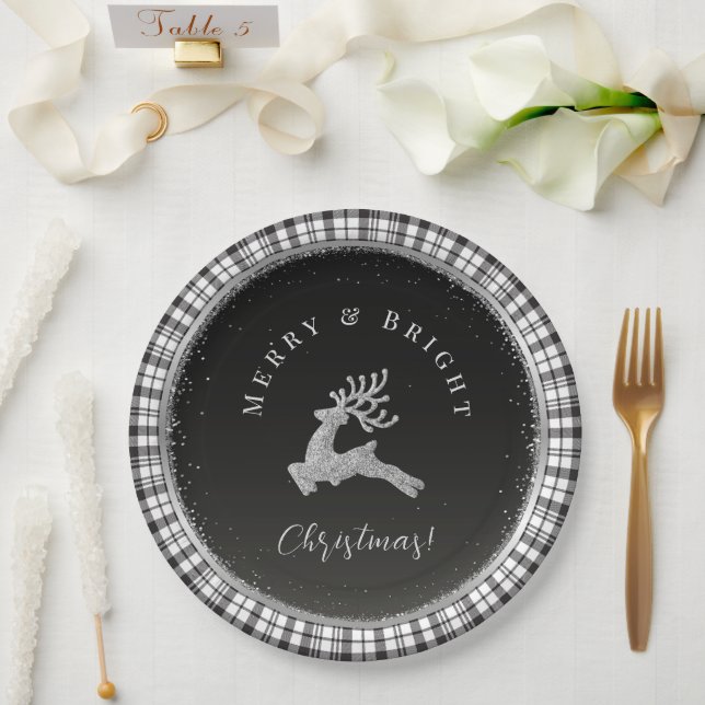 Assiettes En Carton Cerf de Noël Joyeux et Lumineux Carreaux Noir et B (Mariage)