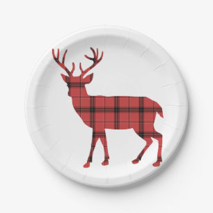 Assiettes En Carton Cerf de Noël Motif Tartan à Carreaux Rouges