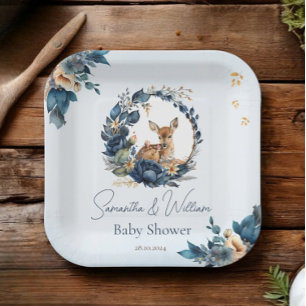 Assiettes En Carton Cerf des Bois Floral Bleu Bohème Feuilles