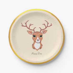 Assiettes En Carton Cerf élégant, cadre doré sur fond beige clair