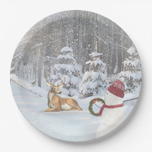 Assiettes En Carton cerf en bois avec bonhomme de neige de Noël