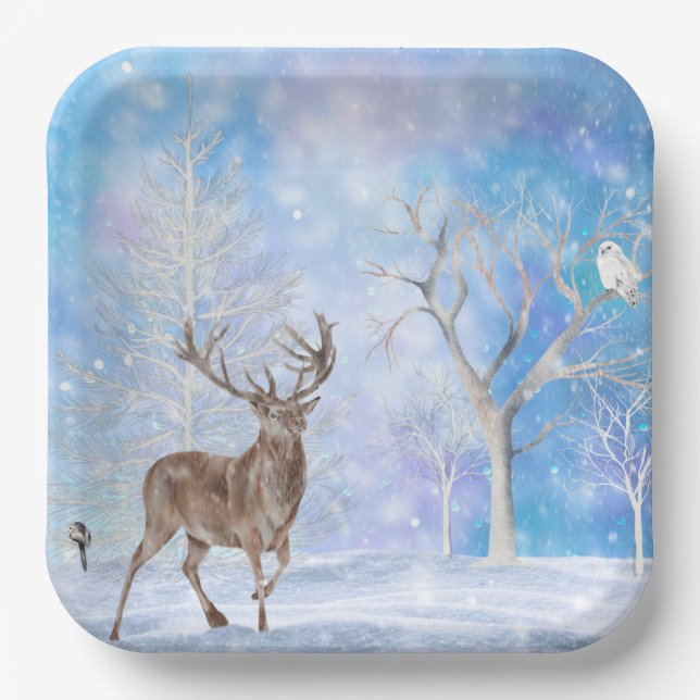 Assiettes En Carton Cerf En Vacances Hiver Woods (Recto)