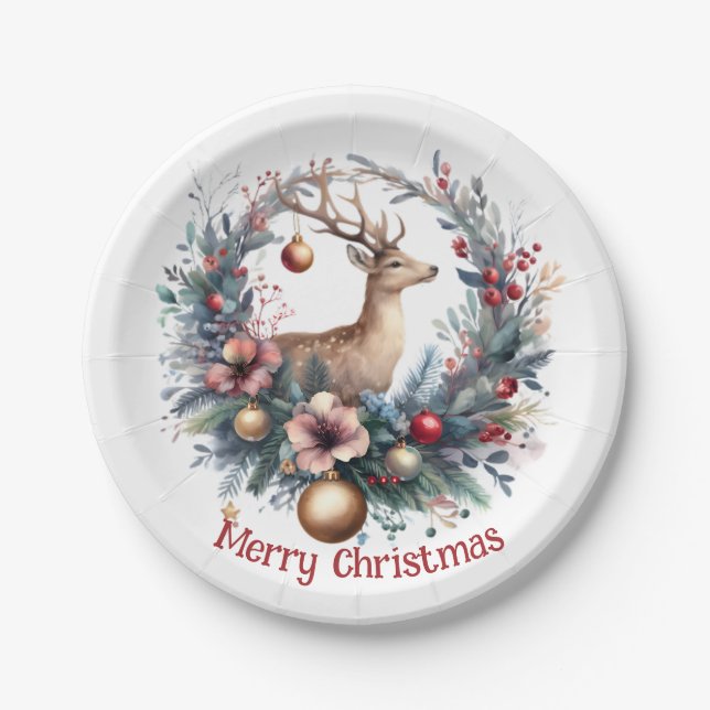 Assiettes En Carton Cerf festif dans une couronne de vacances 1 - (Devant)