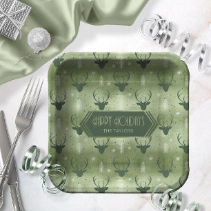 Assiettes En Carton Cerfs Antlers Flèches Motif de Noël Vert ID861