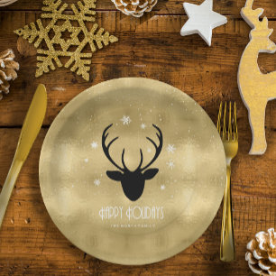 Assiettes En Carton Cerfs Antlers Silhouette & Flakes Gold ID861