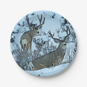 Assiettes En Carton Cerfs communs de mâle dans la neige