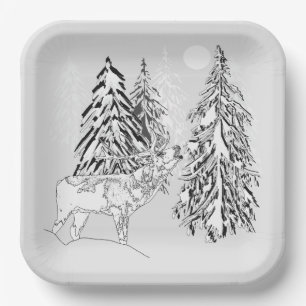 Assiettes En Carton Cerfs, hiver, forêt, arbres de Noël, monochrome