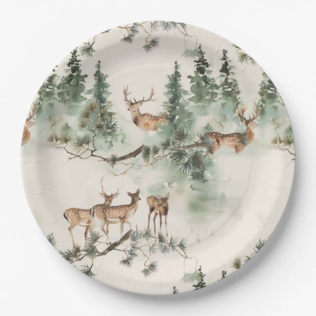 Assiettes En Carton Cerfs rustiques et conifères  (Devant)