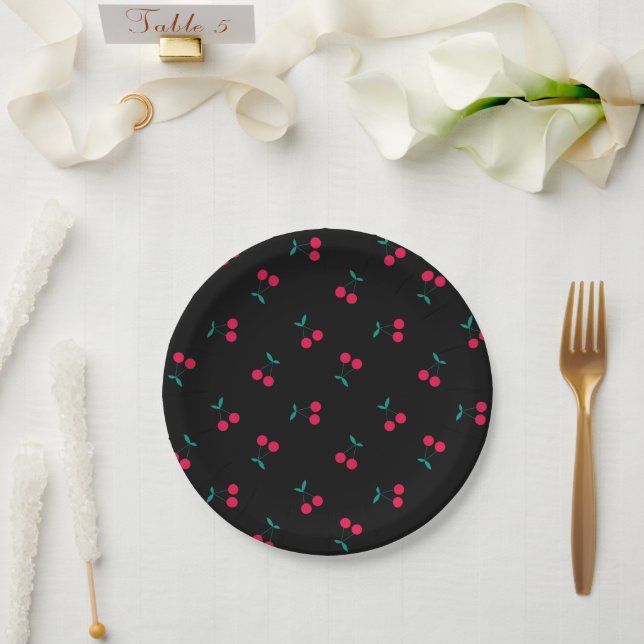 Assiettes En Carton Cerise esthétique Cerises Motif Noir (Mariage)