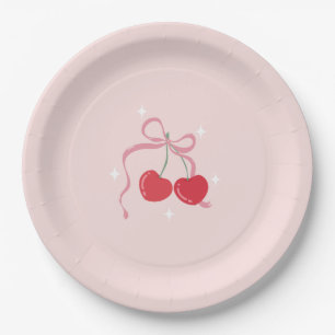 Assiettes En Carton Cerise sur le Baby shower de la corbeille rose